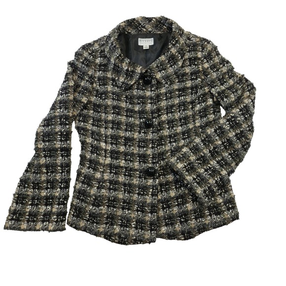 Talbots Collection Tweed Jacket Size 10 Wool Blend Black Beige Career Chic - Picture 1 of 9